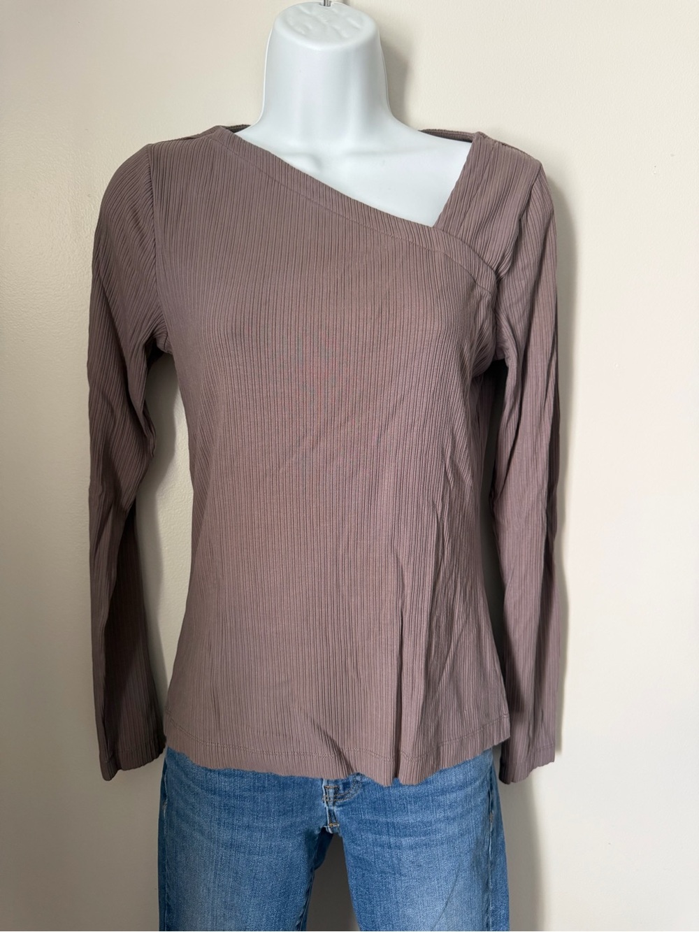SPANX Ribbed Long-Sleeve Asymmetric Neck Top — Taupe